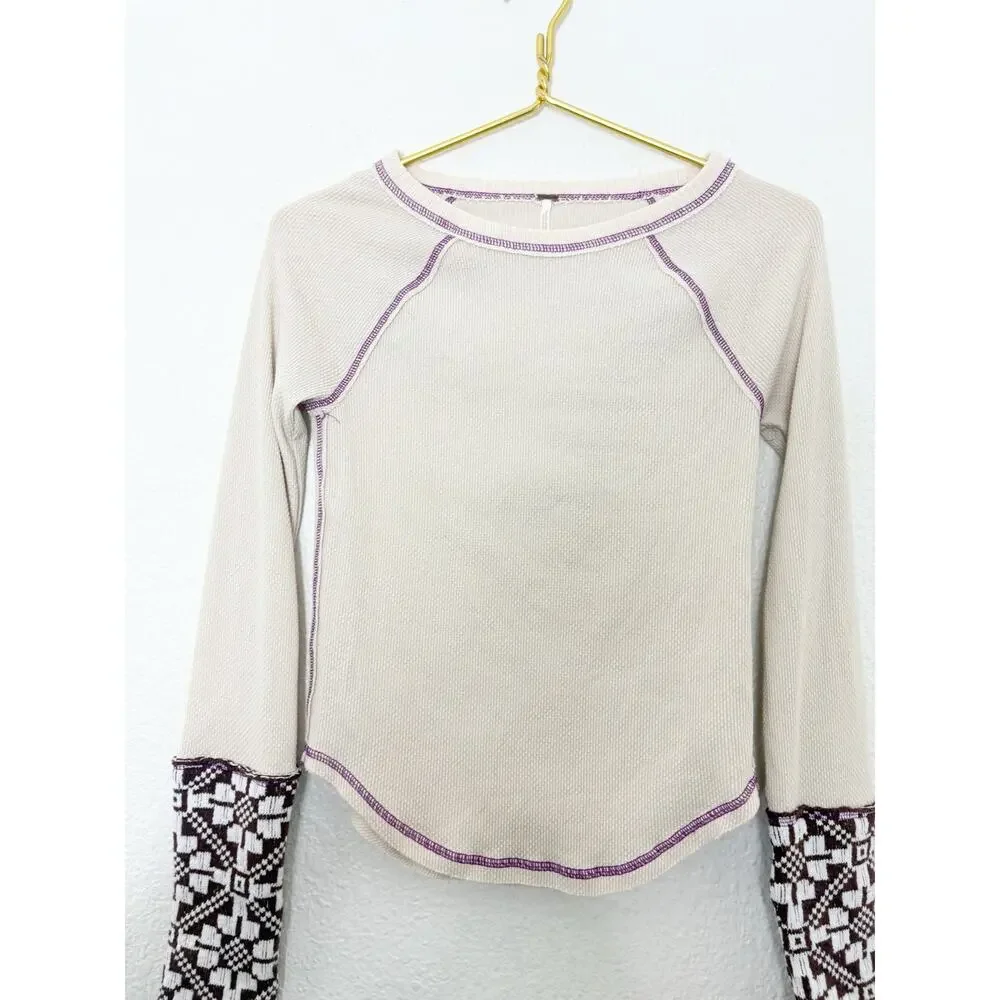 Free People She's Reversible Cuff Thermal Tee Oatmeal Size Small Bohemian